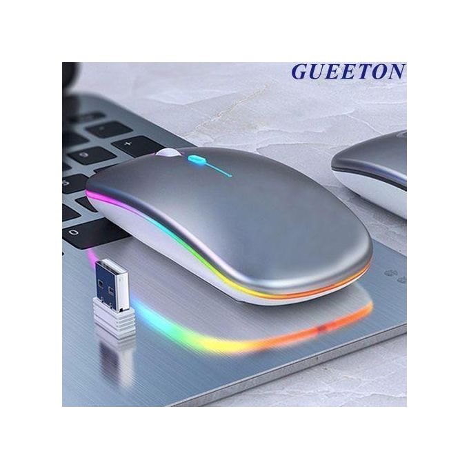 GUEETON Souris sans fil ultra-mince 2.4G Bluetooth double mode rechargeable argent